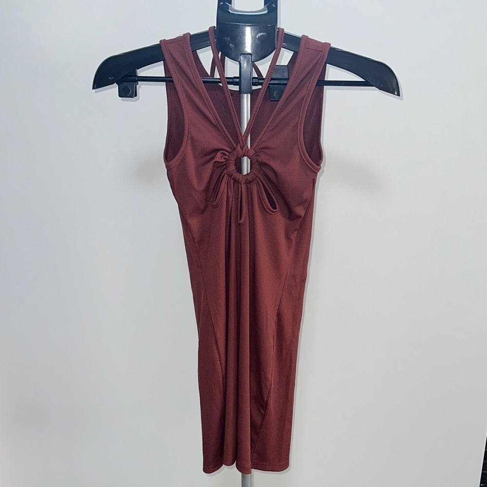 Elegant Brown Sleeveless Halter Cut out Ribbed Mini Dress